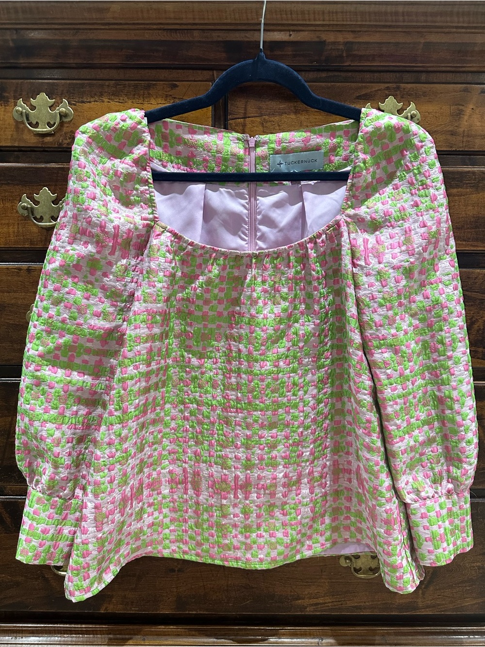 Tuckernuck Pink and Lime Check Jacquard Puff Sleeve Top